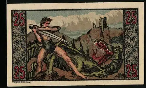 Notgeld Koenigswinter /Rhein 1921, 25 Pfennig, Mann ersticht den Drachen vor der Ruine