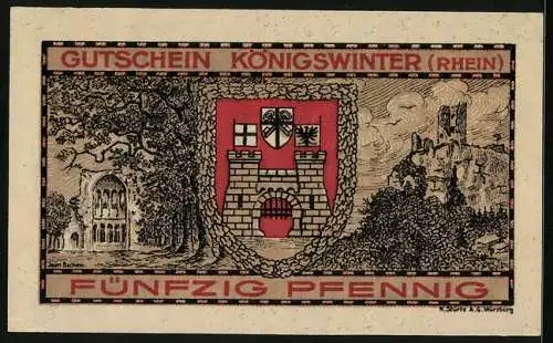 Notgeld Koenigswinter /Rhein 1921, 50 Pfennig, Das Kreuz schlägt den Drachen