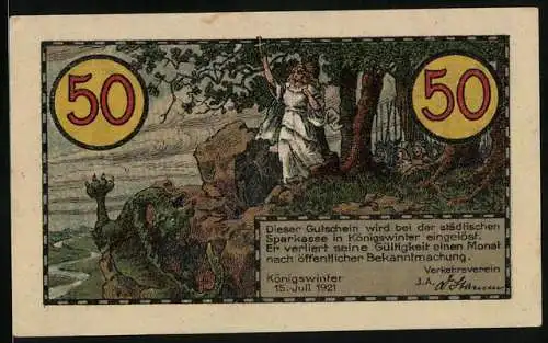 Notgeld Koenigswinter /Rhein 1921, 50 Pfennig, Das Kreuz vertreibt den Drachen