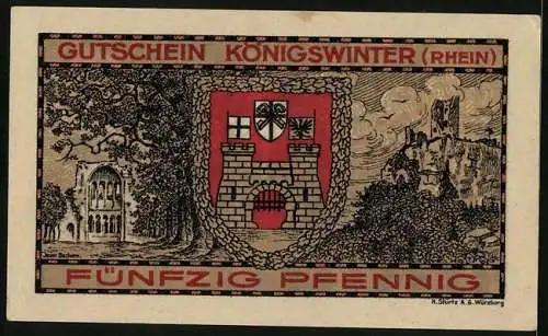 Notgeld Koenigswinter /Rhein 1921, 50 Pfennig, Das Kreuz vertreibt den Drachen