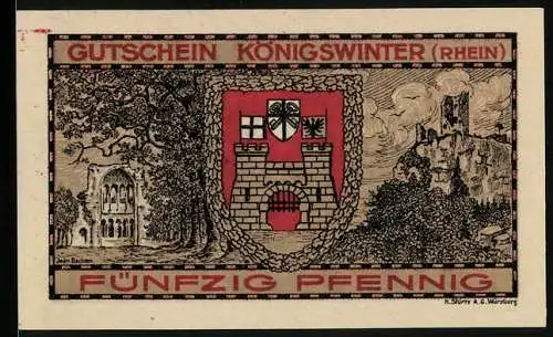 Notgeld Koenigswinter /Rhein 1921, 50 Pfennig, Der Drache wird vom Kreuz geschlagen
