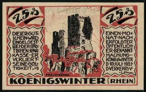 Notgeld Koenigswinter /Rhein 1921, 25 Pfennig, Die Burggräfin von Drachenfels, die Ruine