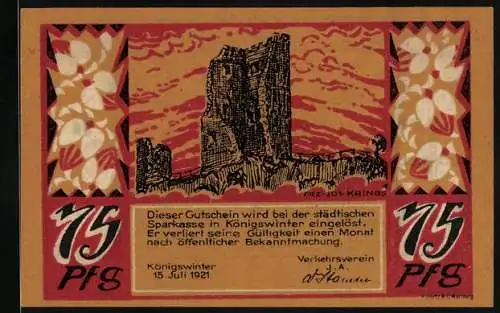 Notgeld Koenigswinter /Rhein 1921, 75 Pfennig, Die Burg Drachenfels um 1640