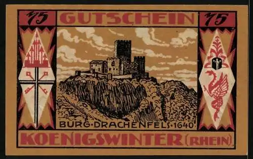 Notgeld Koenigswinter /Rhein 1921, 75 Pfennig, Die Burg Drachenfels um 1640