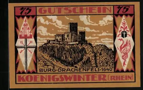 Notgeld Koenigswinter /Rhein 1921, 75 Pfennig, Blick zur Burg um 1640