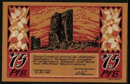 Notgeld Koenigswinter /Rhein 1921, 75 Pfennig, Blick zur Burg um 1640