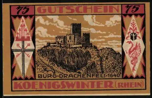 Notgeld Koenigswinter /Rhein 1921, 75 Pfennig, Burgansicht im 1640