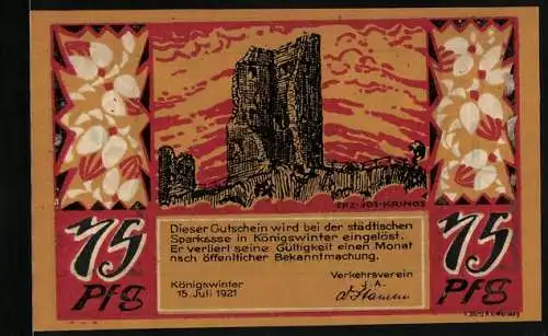 Notgeld Koenigswinter /Rhein 1921, 75 Pfennig, Die Burg um 1640, die Ruine