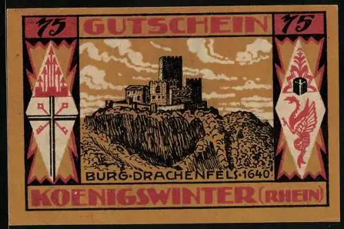 Notgeld Königswinter /Rhein 1921, 75 Pfennig, Die Burg Drachenfels um 1640