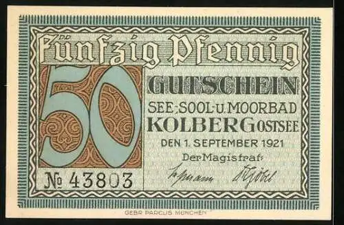 Notgeld Kolberg /Ostsee 1921, 50 Pfennig, Die Hafeneinfahrt