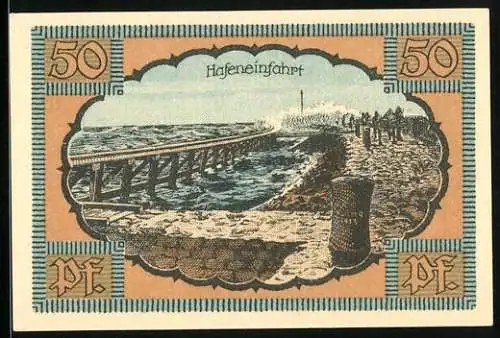 Notgeld Kolberg /Ostsee 1921, 50 Pfennig, Partie bei der Hafeneinfahrt