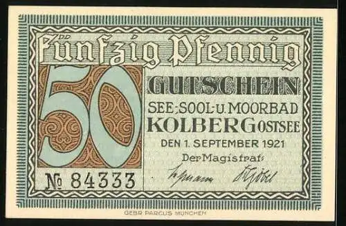 Notgeld Kolberg /Ostsee 1921, 50 Pfennig, Partie bei der Hafeneinfahrt