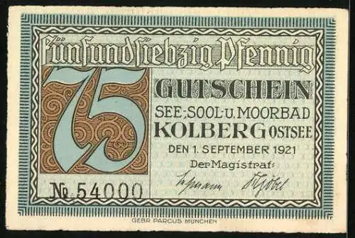 Notgeld Kolberg /Ostsee 1921, 75 Pfennig, Partie an der alten Saline