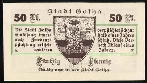 Notgeld Gotha 1917, 50 Pfennig, Wappen mit einem Bischof