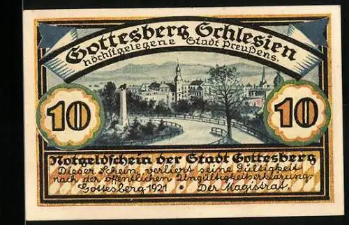 Notgeld Gottesberg /Schlesien 1921, 10 Pfennig, Bergmanns-Wappen, Ortsansicht