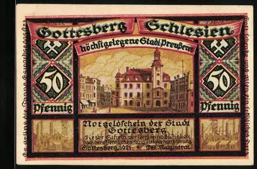 Notgeld Gottesberg /Schlesien 1921, 50 Pfennig, genageltes Bergmanns-Wappen, Blick aus Rathaus