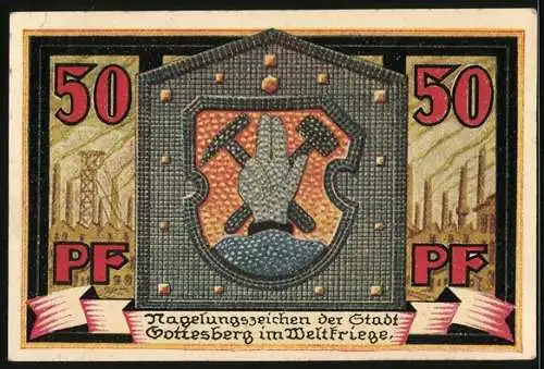 Notgeld Gottesberg /Schlesien 1921, 50 Pfennig, genageltes Bergmanns-Wappen, Blick aus Rathaus