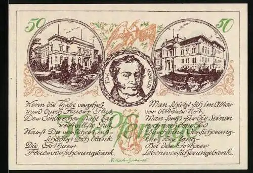 Notgeld Gotha 1921, 50 Pfennig, E.W. Arnoldi, Feuerversicherungsbank und Lebensversicherungsbank