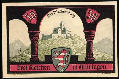 Notgeld Wachsenburg, 50 Pfennig, Belagerung der Wachsenburg durch Erfurter und Mühlhäuser Bürger