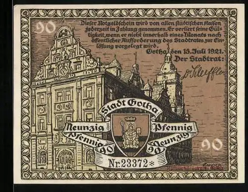 Notgeld Gotha 1921, 90 Pfennig, Gotthard der Abt und Ernst der Fromme, Rathaus