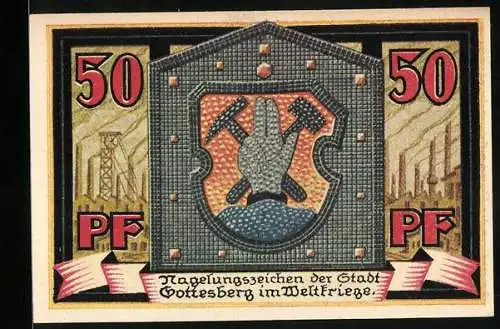Notgeld Gottesberg /Schlesien 1921, 50 Pfennig, genageltes Bergmanns-Wappen, Rathaus