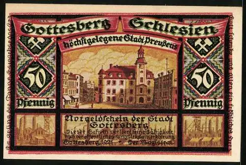 Notgeld Gottesberg /Schlesien 1921, 50 Pfennig, genageltes Bergmanns-Wappen, Rathaus