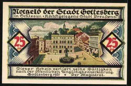 Notgeld Gottesberg /Schlesien 1921, 25 Pfennig, Wappen und Stadtplatz