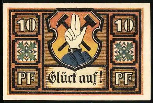 Notgeld Gottesberg /Schlesien 1921, 10 Pfennig, Bergmanns-Wappen, Ortsansicht