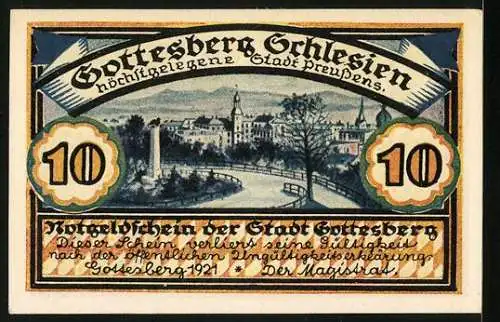 Notgeld Gottesberg /Schlesien 1921, 10 Pfennig, Bergmanns-Wappen, Ortsansicht