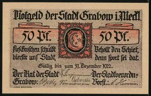 Notgeld Grabow i. Meckl., 50 Pfennig, Mann in Uniform, Ortsansicht aus der Ferne