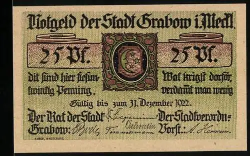 Notgeld Grabow i. Meckl., 25 Pfennig, Handwerker mit Notgeld, Hafenpartie