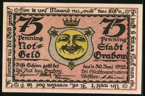 Notgeld Grabow i. Meckl., 75 Pfennig, Grosse Goldmünze