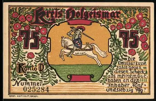 Notgeld Hofgeismar, 75 Pfennig, Ritter zu Pferde, Drebenstein