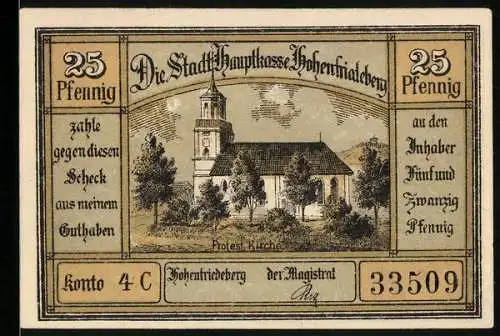 Notgeld Hohenfriedeberg, 25 Pfennig, Protest. Kirche, Das Schloss