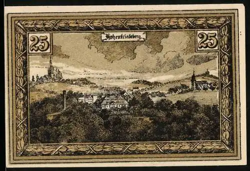Notgeld Hohenfriedeberg, 25 Pfennig, Ortsansicht mit zwei Kirchen