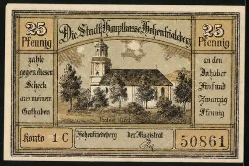 Notgeld Hohenfriedeberg, 25 Pfennig, Ortsansicht mit zwei Kirchen