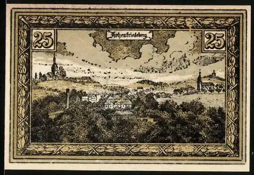 Notgeld Hohenfriedeberg, 25 Pfennig, Gesamtansicht mit zwei Kirchen