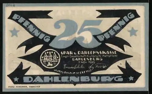 Notgeld Dahlenburg 1920, 25 Pfennig, Silhouette der Stadt