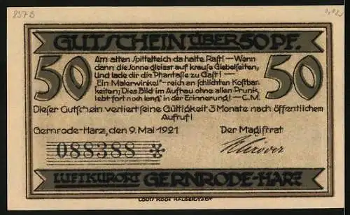 Notgeld Gernrode im Harz 1921, 50 Pfennig, Ortsansicht