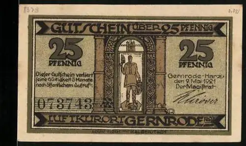Notgeld Gernrode im Harz 1921, 25 Pfennig, Partie an der Kirche