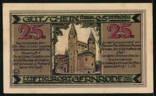 Notgeld Gernrode im Harz 1921, 25 Pfennig, Partie an der Kirche