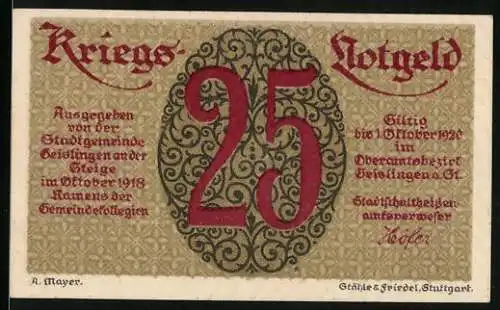 Notgeld Geislingen an der Steige 1918, 25 Pfennig, Wappen mit einer Blüte