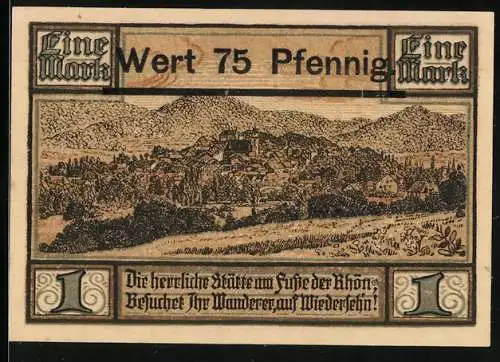 Notgeld Geisa 1921, 1 Mark überstempelt 75 Pfennig, Gesamtansicht auf einem Hügel