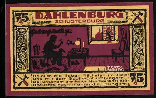 Notgeld Dahlenburg 1921, 75 Pfennig, Der Schuhmacher bei der Arbeit