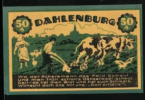 Notgeld Dahlenburg 1921, 50 Pfennig, Bauer am Ochsenpflug