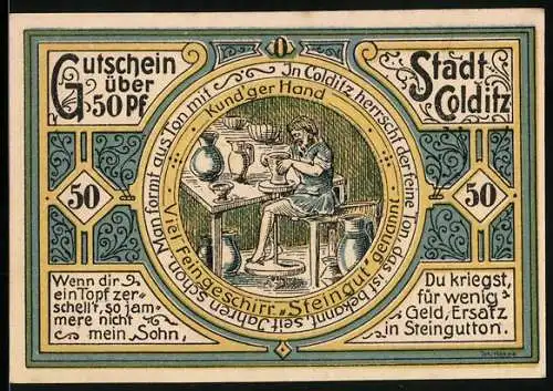 Notgeld Colditz /Sachsen 1921, 50 Pfennig, Mann stellt Steingut her