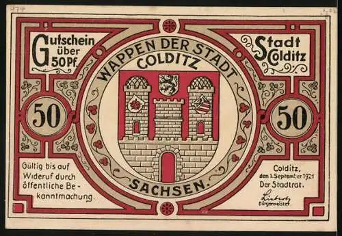 Notgeld Colditz /Sachsen 1921, 50 Pfennig, Mann stellt Steingut her