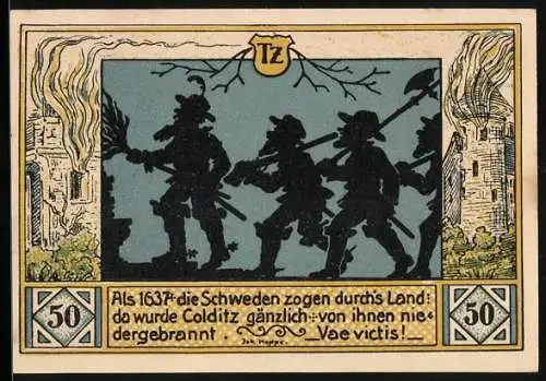 Notgeld Colditz /Sachsen 1921, 50 Pfennig, Die Schweden ziehen durchs Land