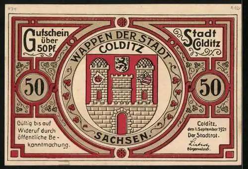 Notgeld Colditz /Sachsen 1921, 50 Pfennig, Das Colditzer Schloss