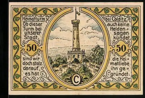 Notgeld Colditz /Sachsen 1921, 50 Pfennig, Der Heimatturm